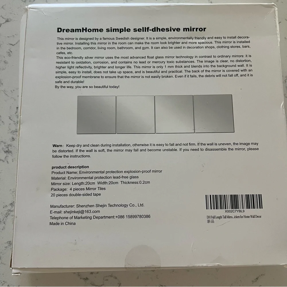 NWT DreamHome Self-Adhesive Mirror Tiles Four‎ Square Mirrors Home Wall Decor